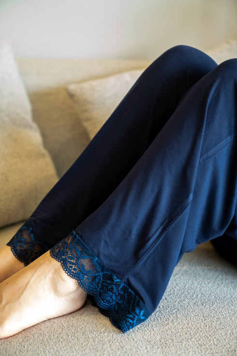 Women summer pajama set Dark Blue Lace shirt + Pants